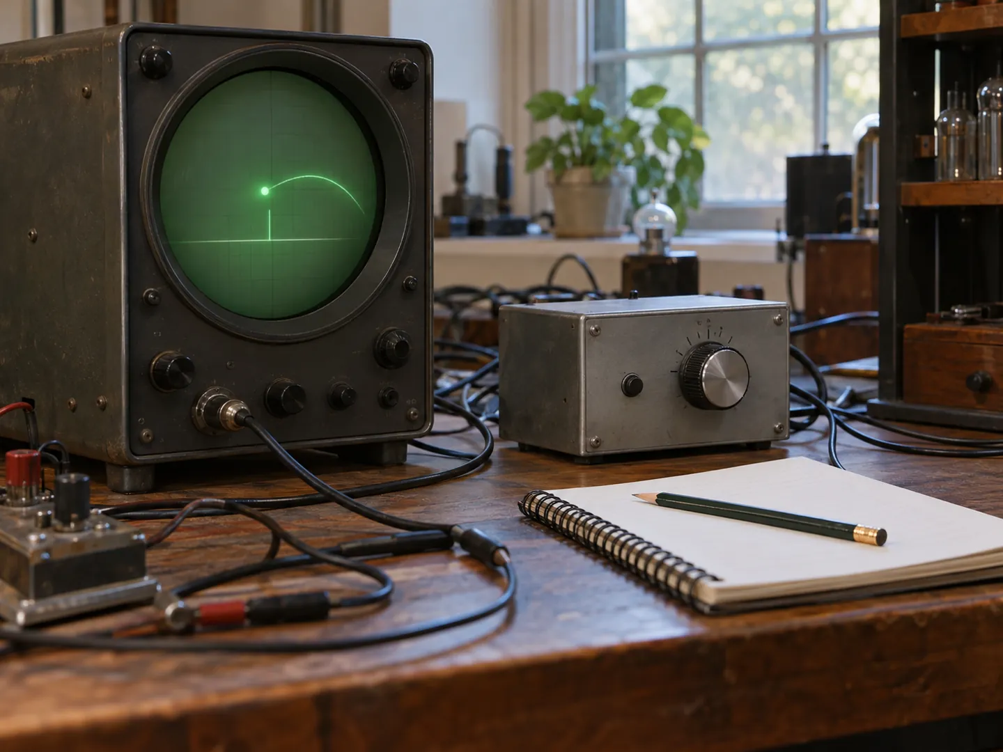 A green laboratory oscilloscope screen showing a glowing dot arcing over a short vertical line, beside a small metal box with a dial and button