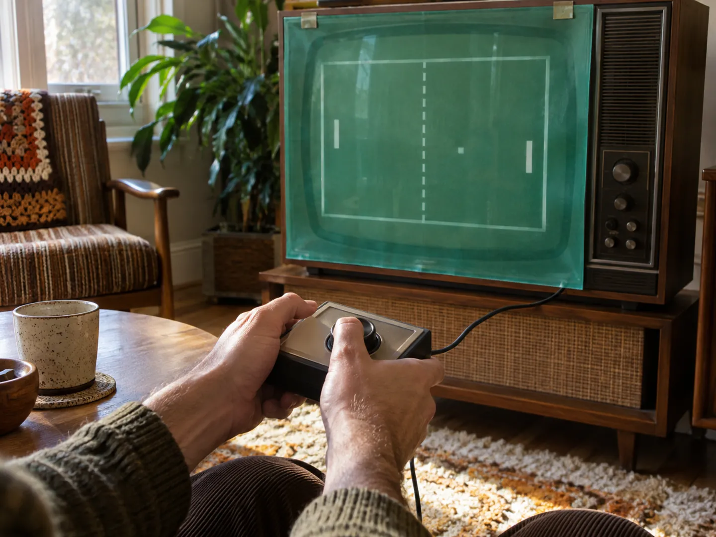 Hands holding a boxy wired game controller with a turning knob, in front of a television with a translucent coloured plastic sheet on the screen