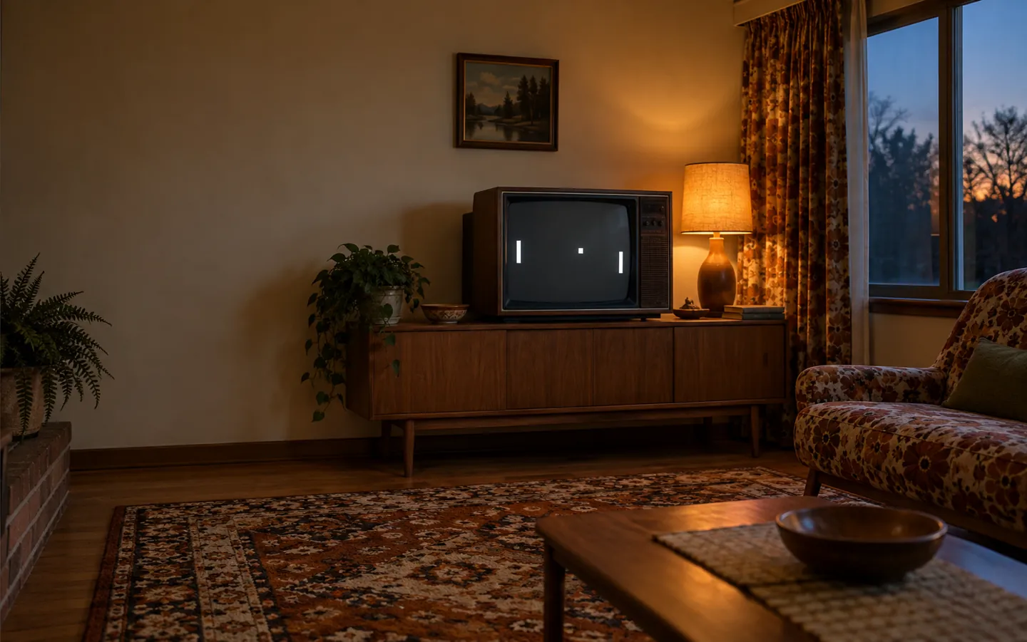 A 1970s living room at dusk with a wood-panelled television showing two white paddles and a square ball on a dark screen